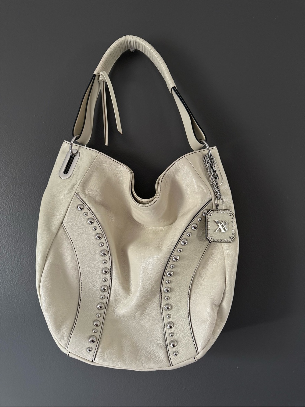 Cream Studded Leather Shoulder Bag